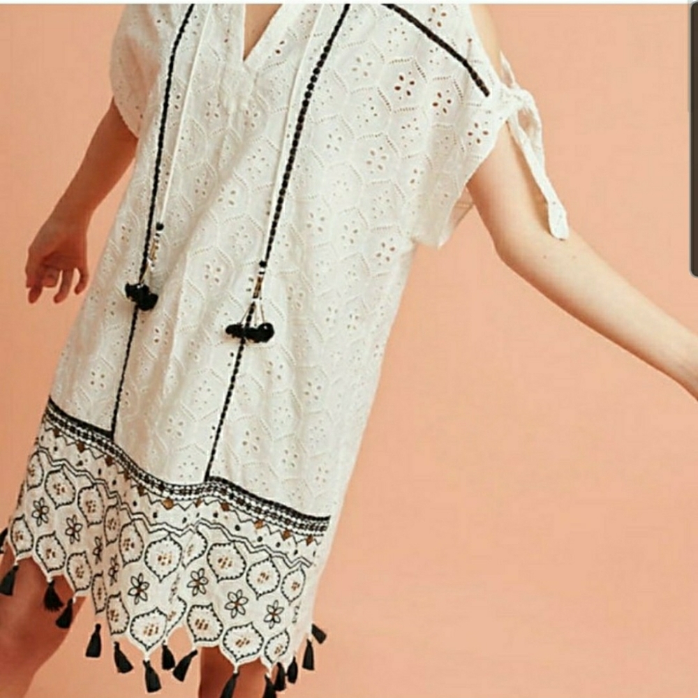 Hemant & Nandita White & Black Embroidered Eyelet Lace Tunic Dress